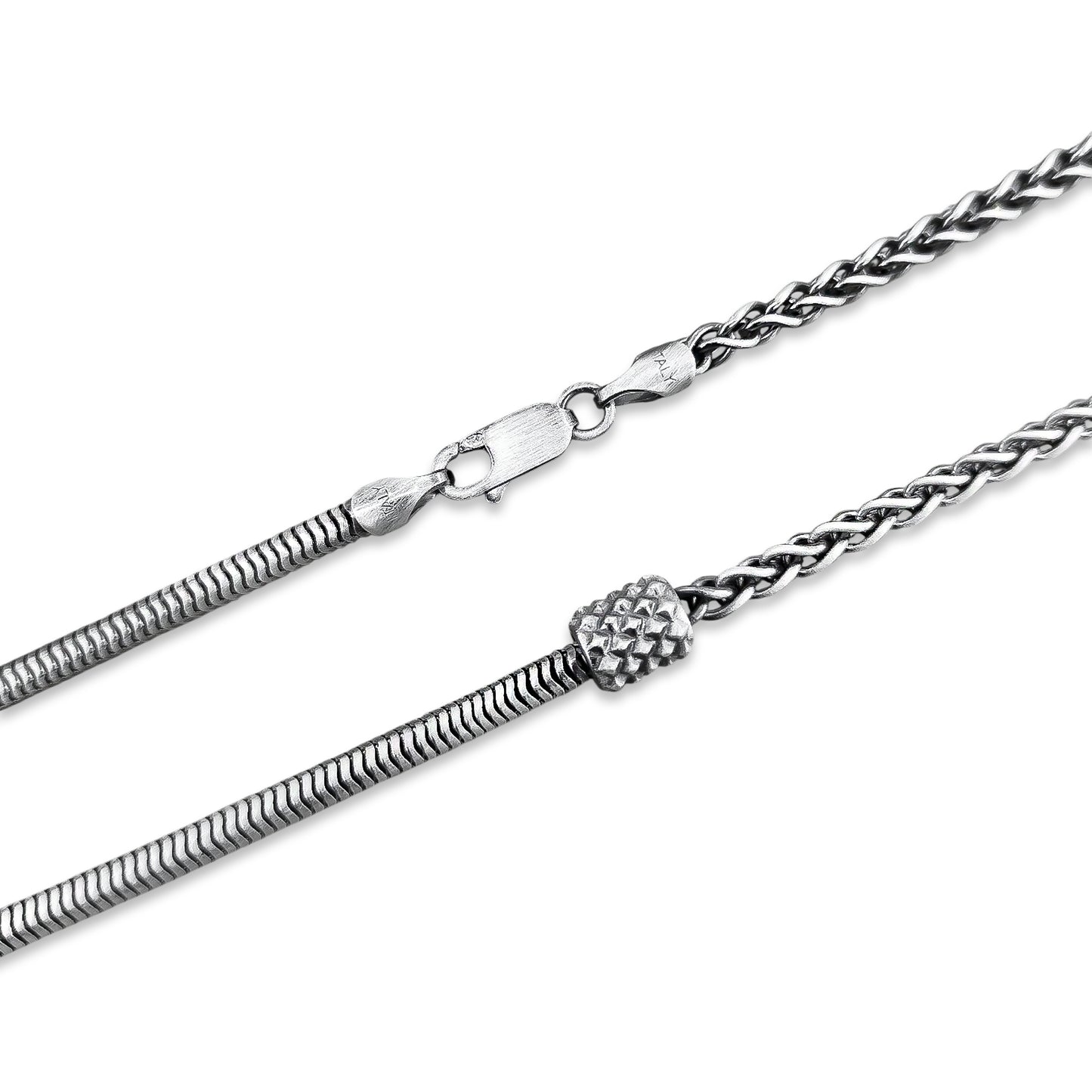 TMPCU010 Cadena Duo Cola de Rata y Espiga con Cilindro 3.2 mm x 55 cm en Plata Fina .925