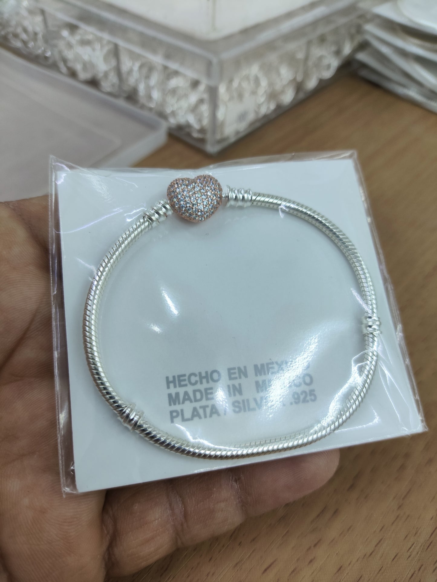 TMPPD007-19 Pulsera Dama Pand Corazón Plata Rosa Pavé 19 cm en Plata Fina .925