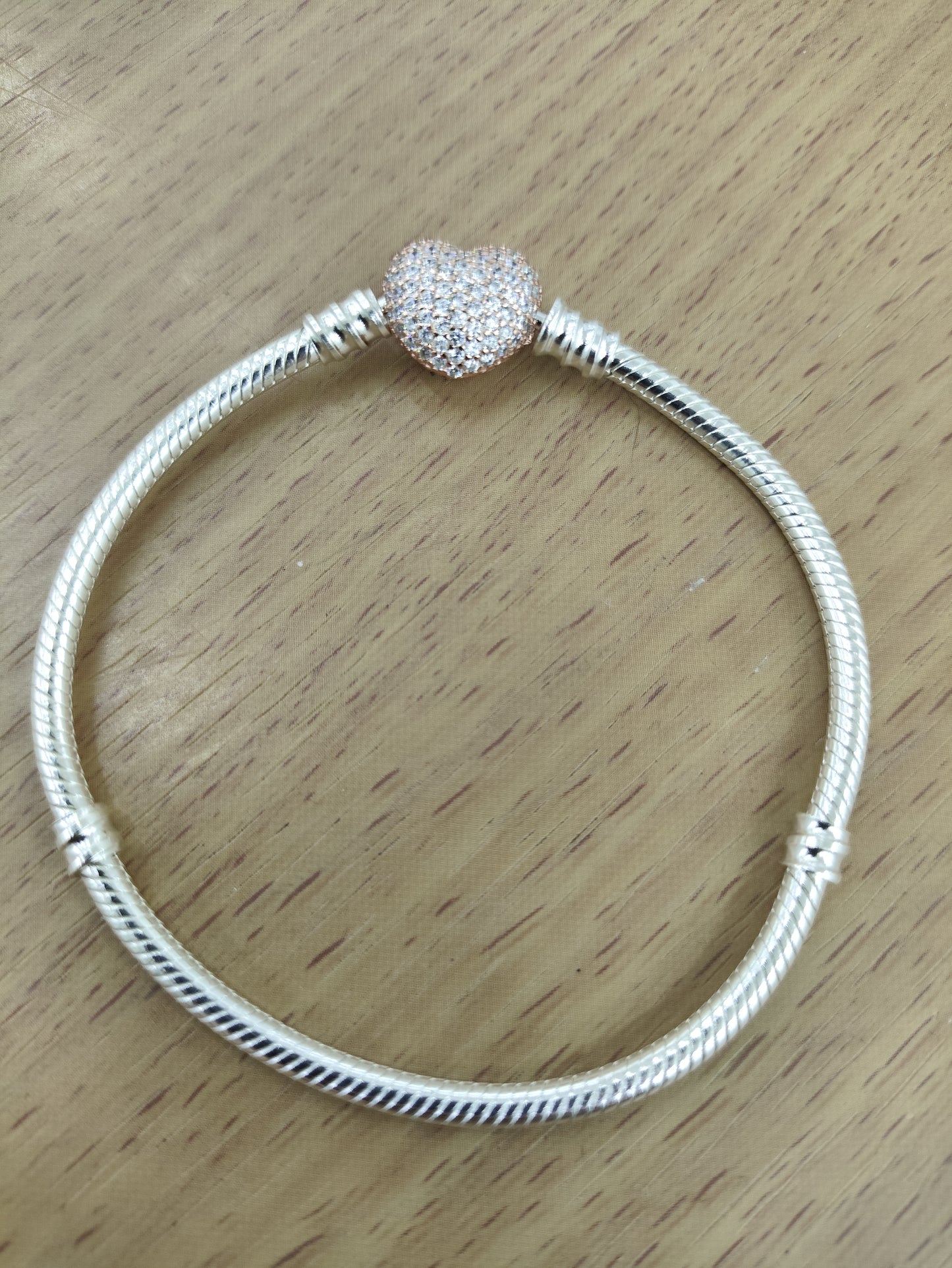 TMPPD007-19 Pulsera Dama Pand Corazón Plata Rosa Pavé 19 cm en Plata Fina .925