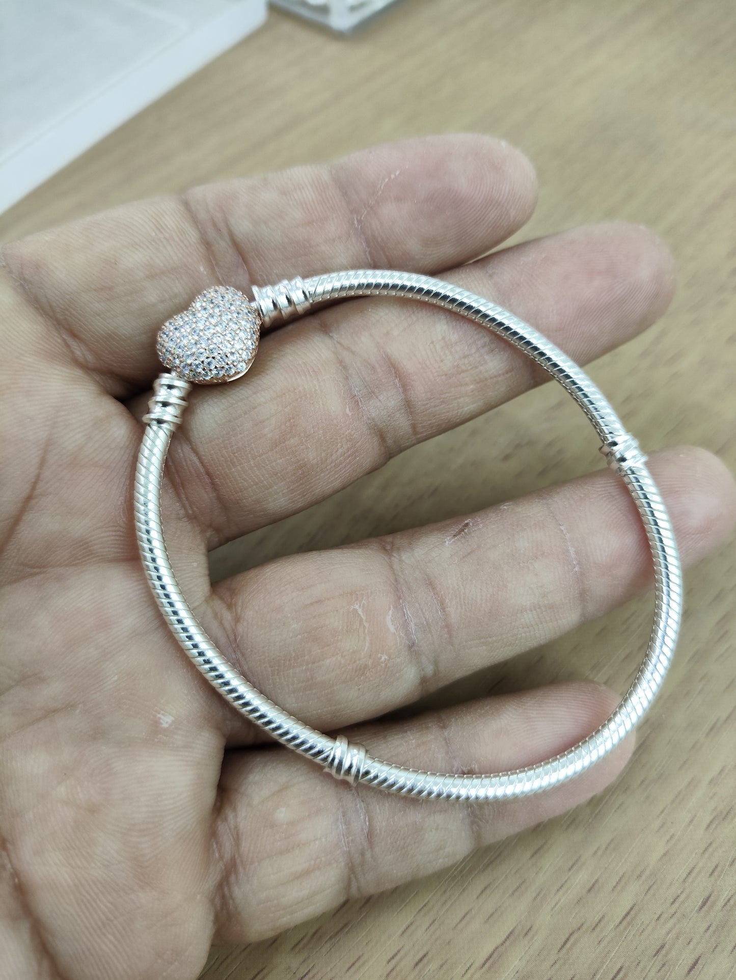 TMPPD007-19 Pulsera Dama Pand Corazón Plata Rosa Pavé 19 cm en Plata Fina .925