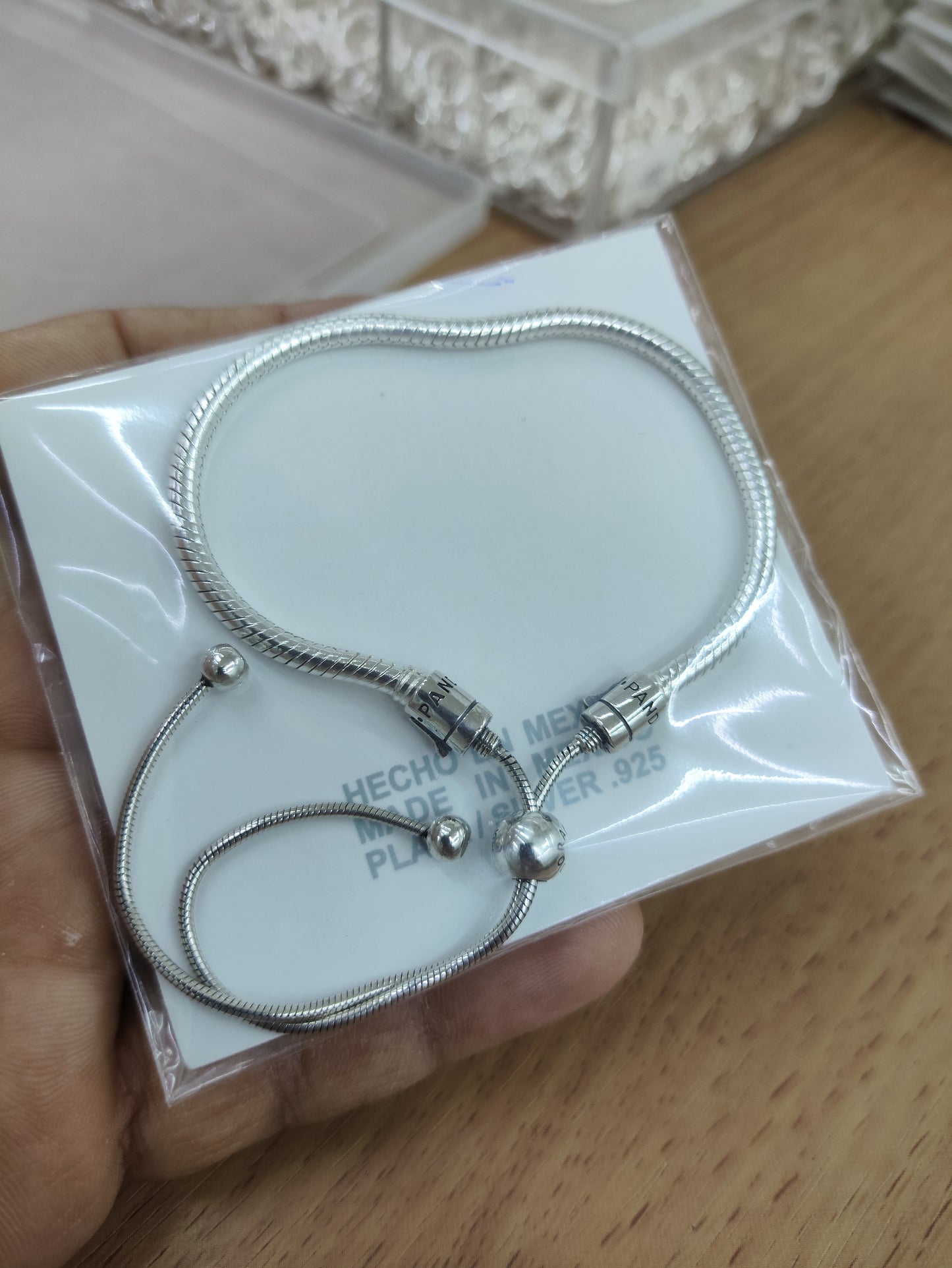 TMPPD016 Pulsera Dama Pand Bolas Lisas Colgantes Ajustable en Plata Fina .925