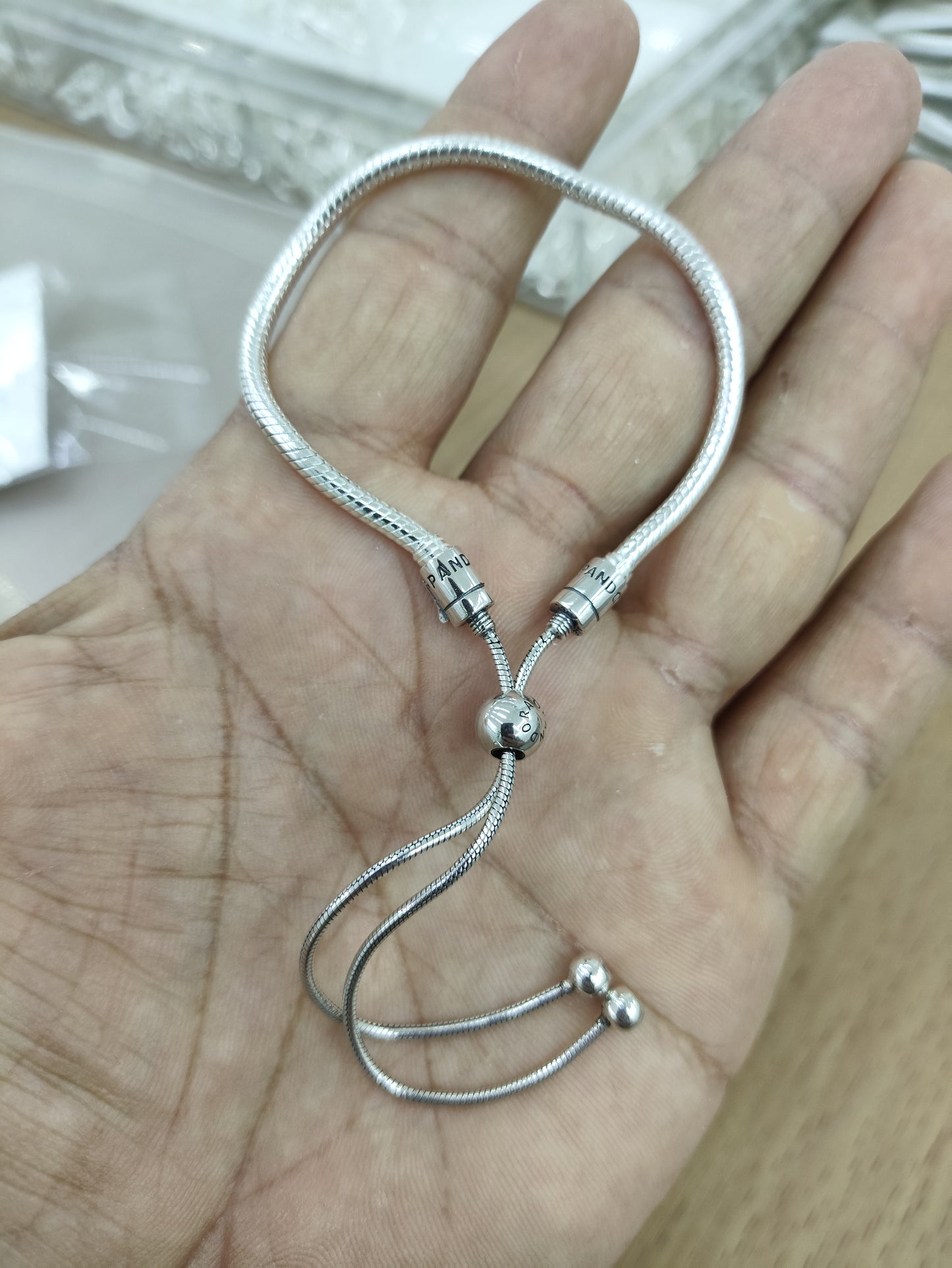 TMPPD016 Pulsera Dama Pand Bolas Lisas Colgantes Ajustable en Plata Fina .925