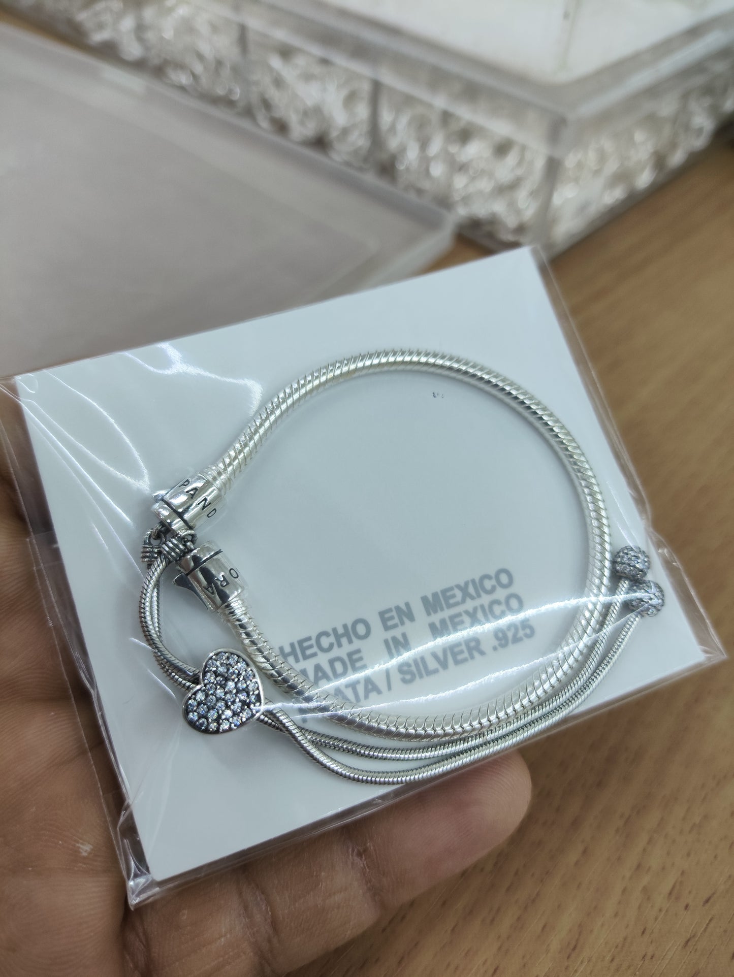 TMPPD017 Pulsera Dama Pand Corazón con Zirconias Blancas Ajustable en Plata Fina .925