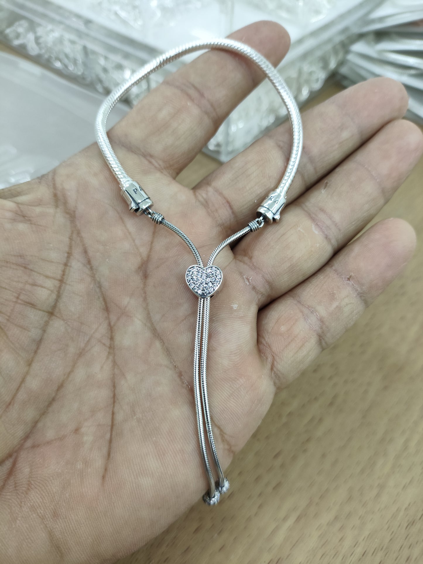 TMPPD017 Pulsera Dama Pand Corazón con Zirconias Blancas Ajustable en Plata Fina .925