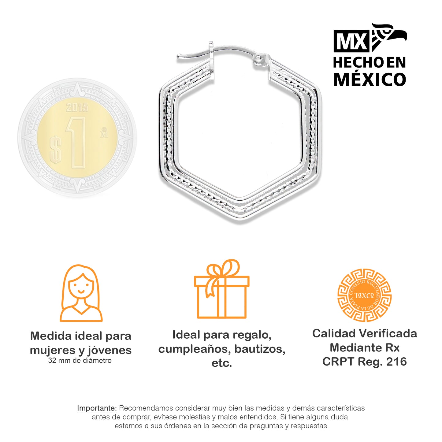 LPA3D012 Arracada 3d Modelo Hexa Tor En Plata .925 Taxco Gro 3026097990