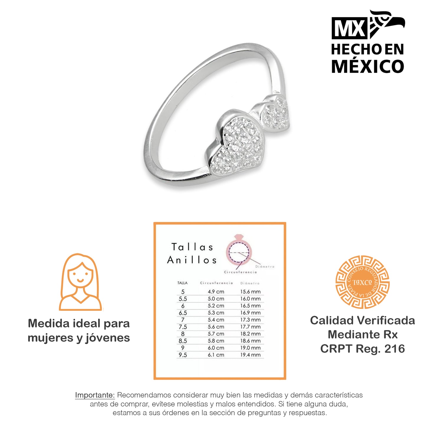 LPAD089 Anillo Modelo Corazón Duo Pavé Plata .925 Taxco Gro 3298407396
