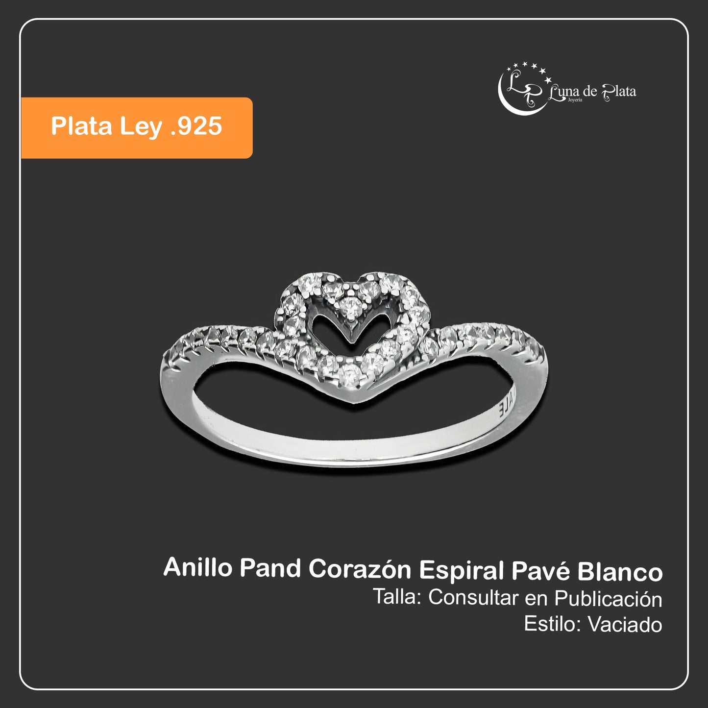 LPAD104 Anillo Pand Corazón Espiral Pavé Blanco Plata .925 Taxco Gro