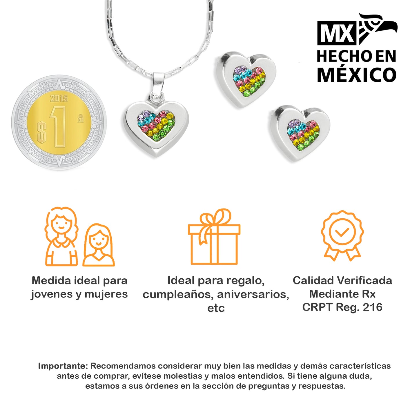 LPADJ048 Set Aretes + Dije + Cadena Corazón Cristales Multicolor en Plata Ley .925 2085850029
