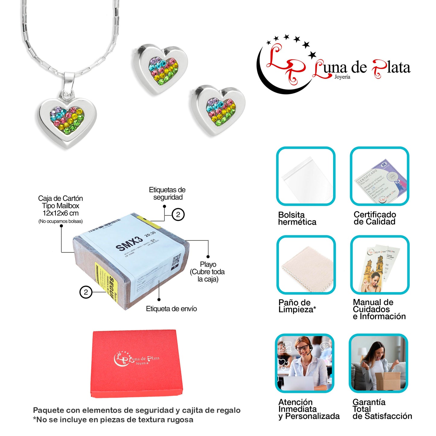 LPADJ048 Set Aretes + Dije + Cadena Corazón Cristales Multicolor en Plata Ley .925 2085850029