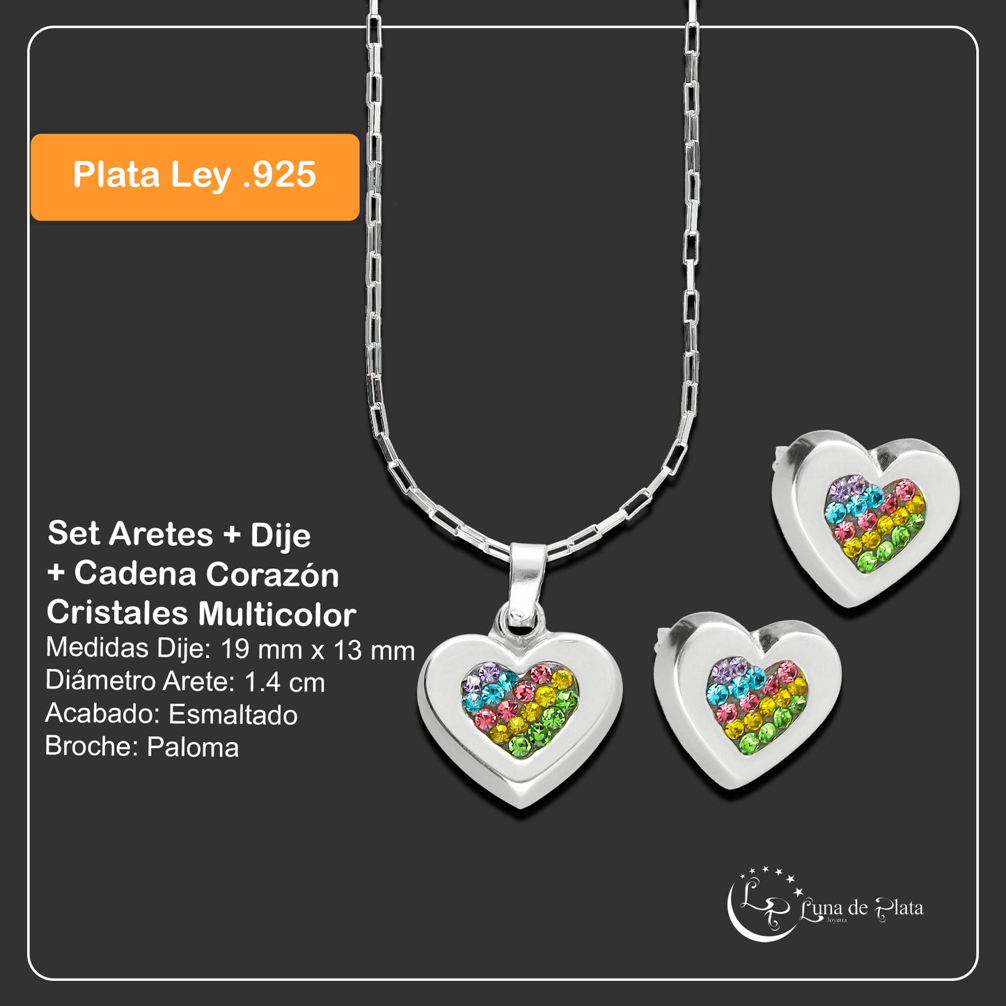LPADJ048 Set Aretes + Dije + Cadena Corazón Cristales Multicolor en Plata Ley .925 2085850029