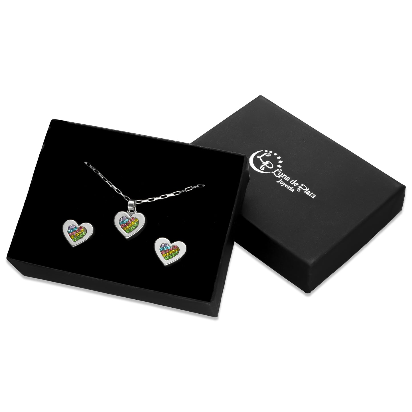 LPADJ048 Set Aretes + Dije + Cadena Corazón Cristales Multicolor en Plata Ley .925 2085850029