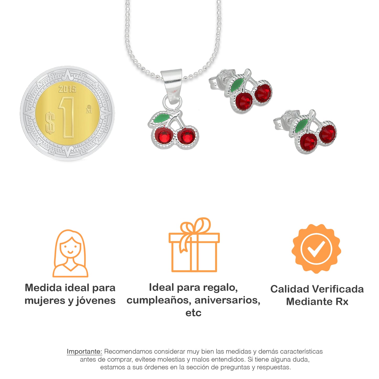 LPADJ063 Set Aretes + Dije + Cadena Cereza Roja Diámetro 1.6 cm en Plata Ley .925