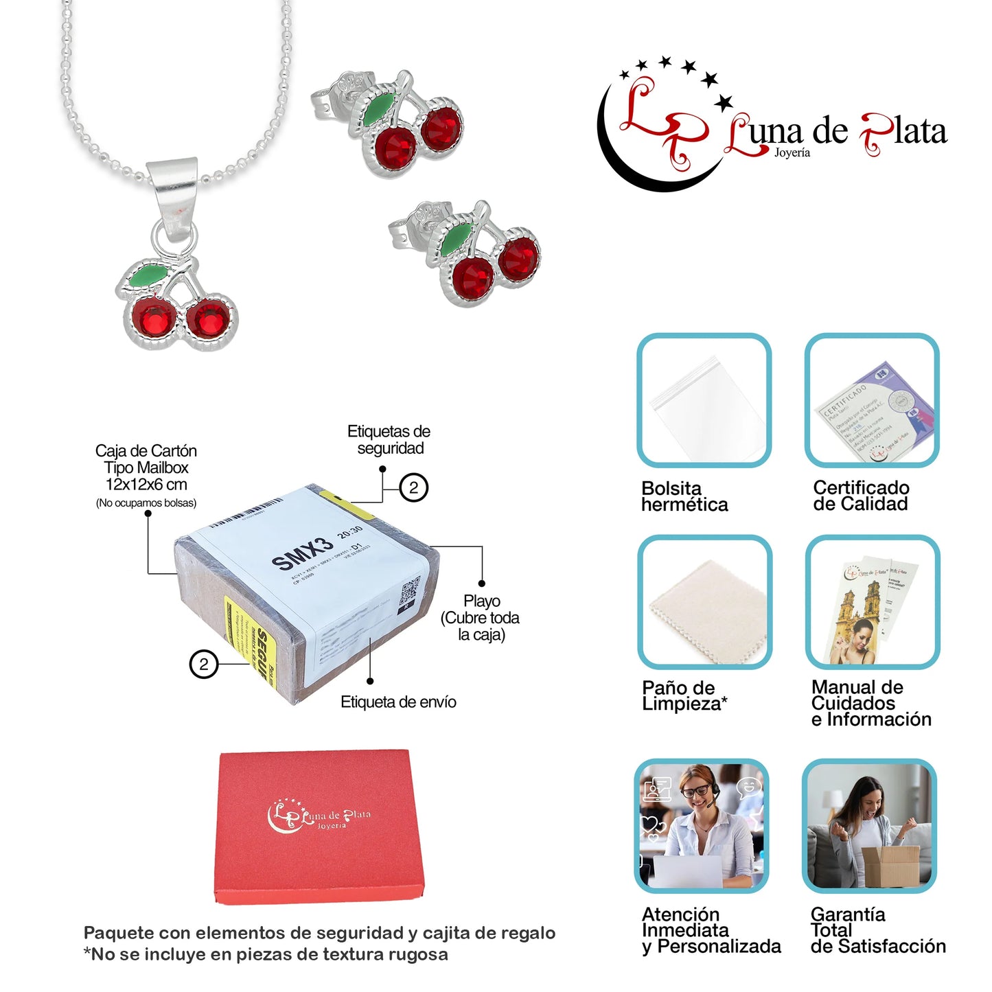 LPADJ063 Set Aretes + Dije + Cadena Cereza Roja Diámetro 1.6 cm en Plata Ley .925