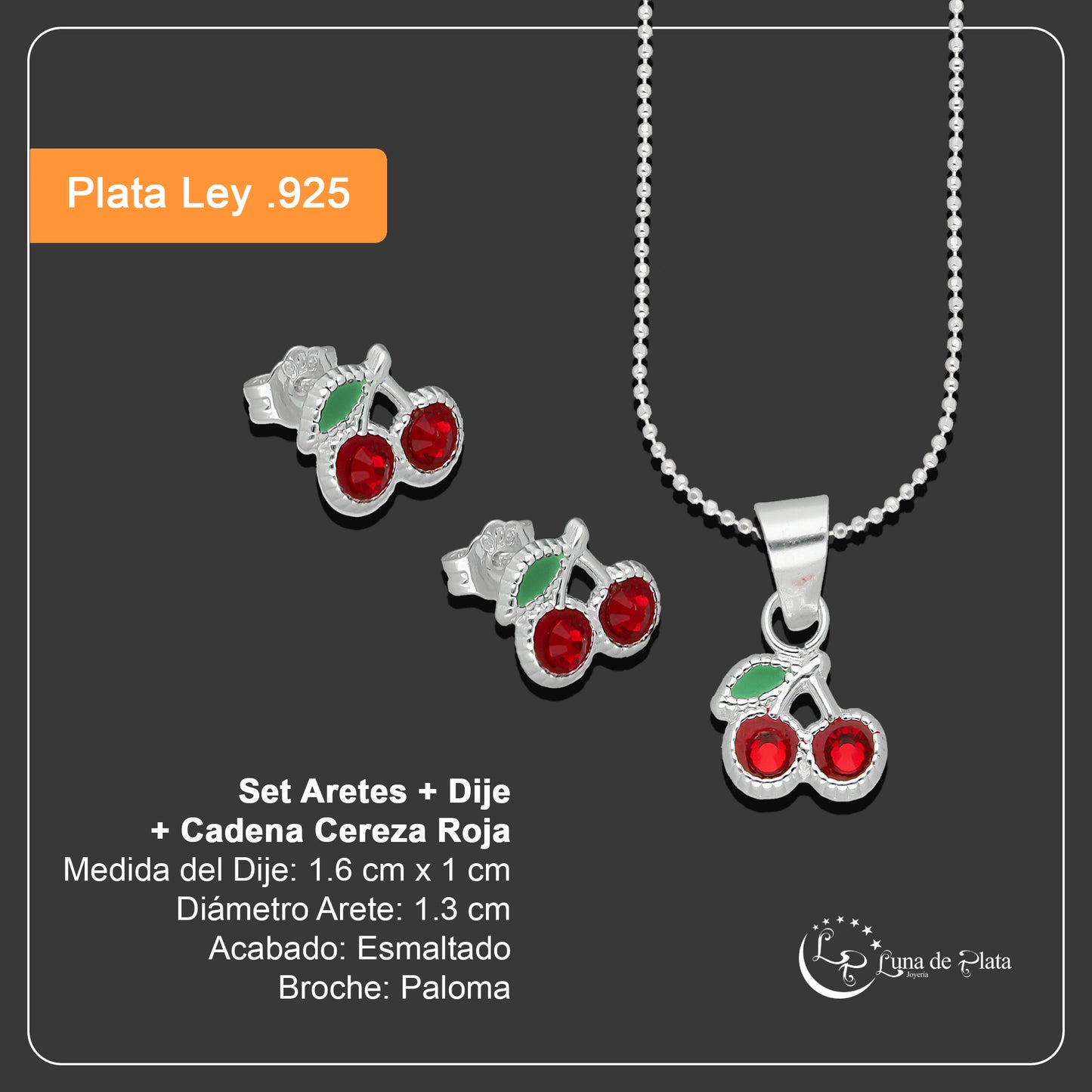 LPADJ063 Set Aretes + Dije + Cadena Cereza Roja Diámetro 1.6 cm en Plata Ley .925