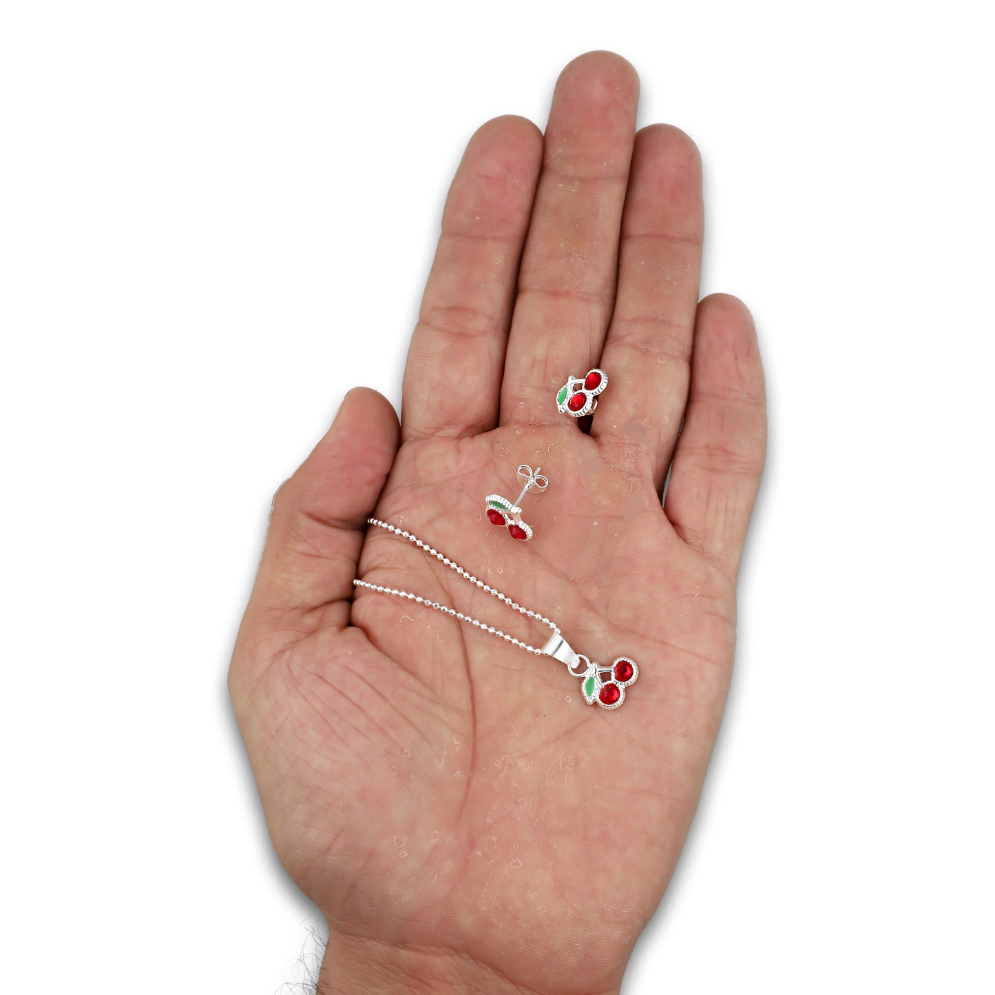 LPADJ063 Set Aretes + Dije + Cadena Cereza Roja Diámetro 1.6 cm en Plata Ley .925