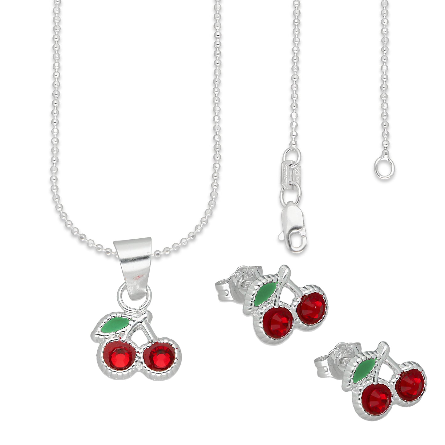 LPADJ063 Set Aretes + Dije + Cadena Cereza Roja Diámetro 1.6 cm en Plata Ley .925
