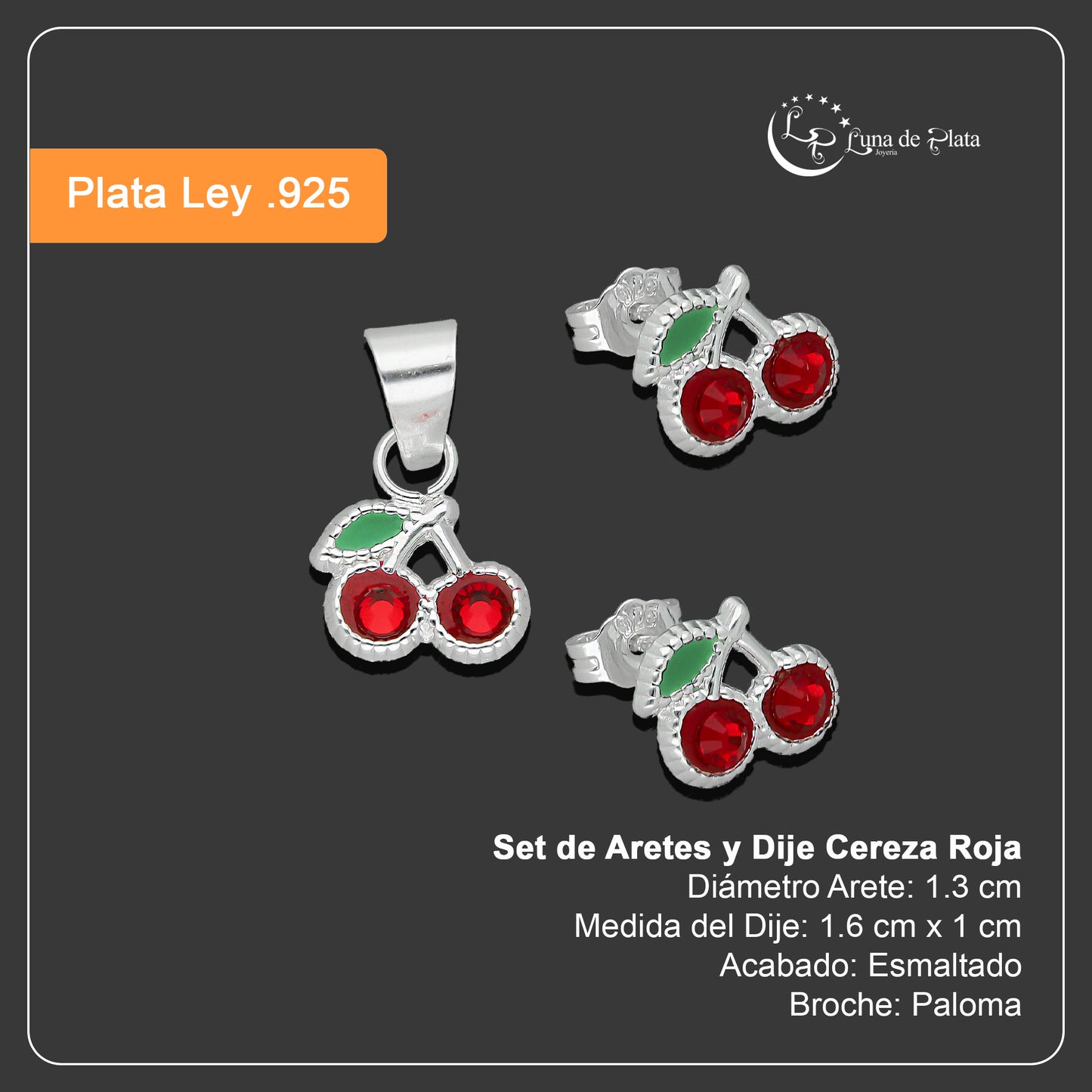 LPADJ064 Set de Aretes y Dije Cereza Roja Diámetro 1.6 cm en Plata Ley .925