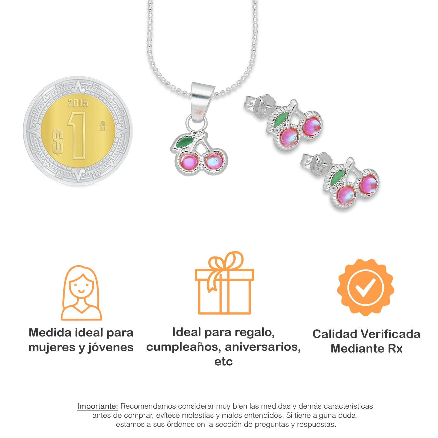 LPADJ065 Set Aretes + Dije + Cadena Cereza Rosa Iris Diámetro 1.6 cm en Plata Ley .925