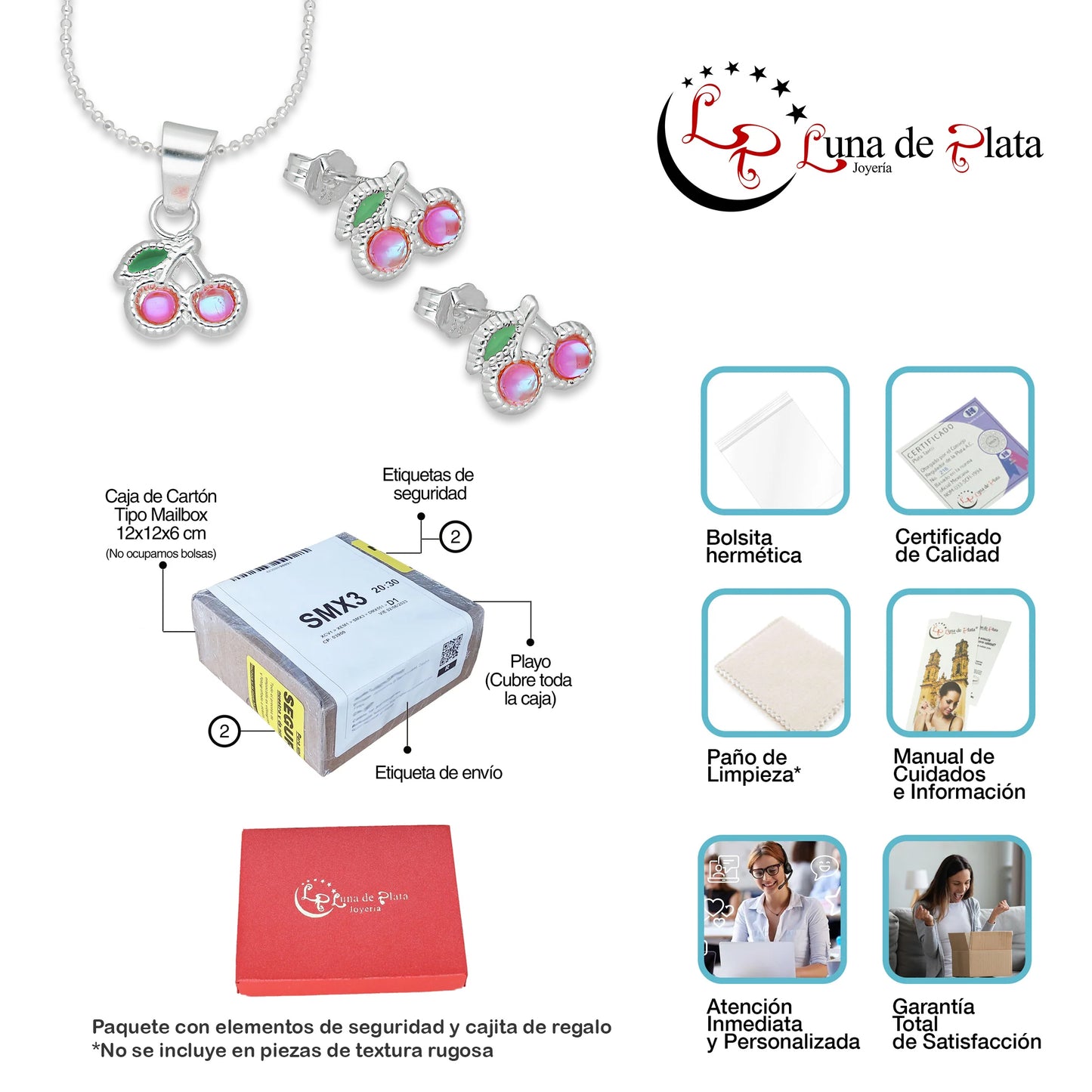 LPADJ065 Set Aretes + Dije + Cadena Cereza Rosa Iris Diámetro 1.6 cm en Plata Ley .925