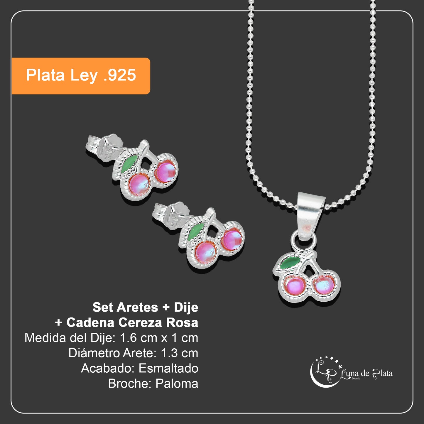 LPADJ065 Set Aretes + Dije + Cadena Cereza Rosa Iris Diámetro 1.6 cm en Plata Ley .925
