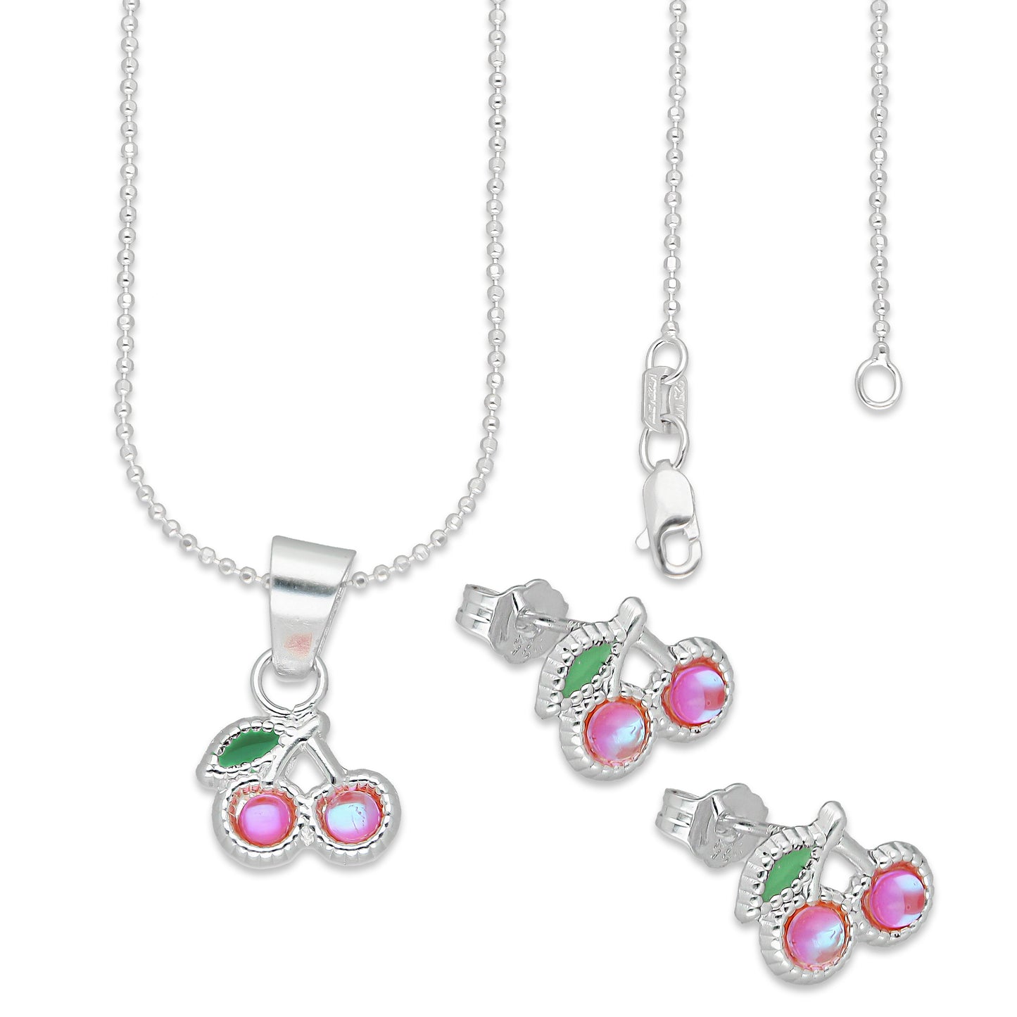 LPADJ065 Set Aretes + Dije + Cadena Cereza Rosa Iris Diámetro 1.6 cm en Plata Ley .925