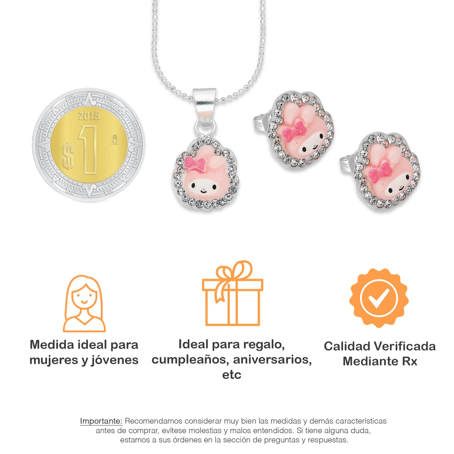 LPADJ067 Set Aretes + Dije + Cadena Melody Diámetro 2.1 cm en Plata Ley .925
