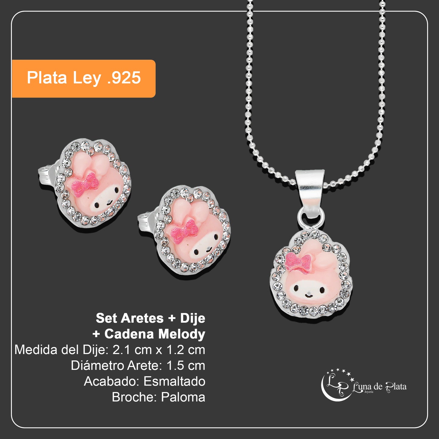LPADJ067 Set Aretes + Dije + Cadena Melody Diámetro 2.1 cm en Plata Ley .925