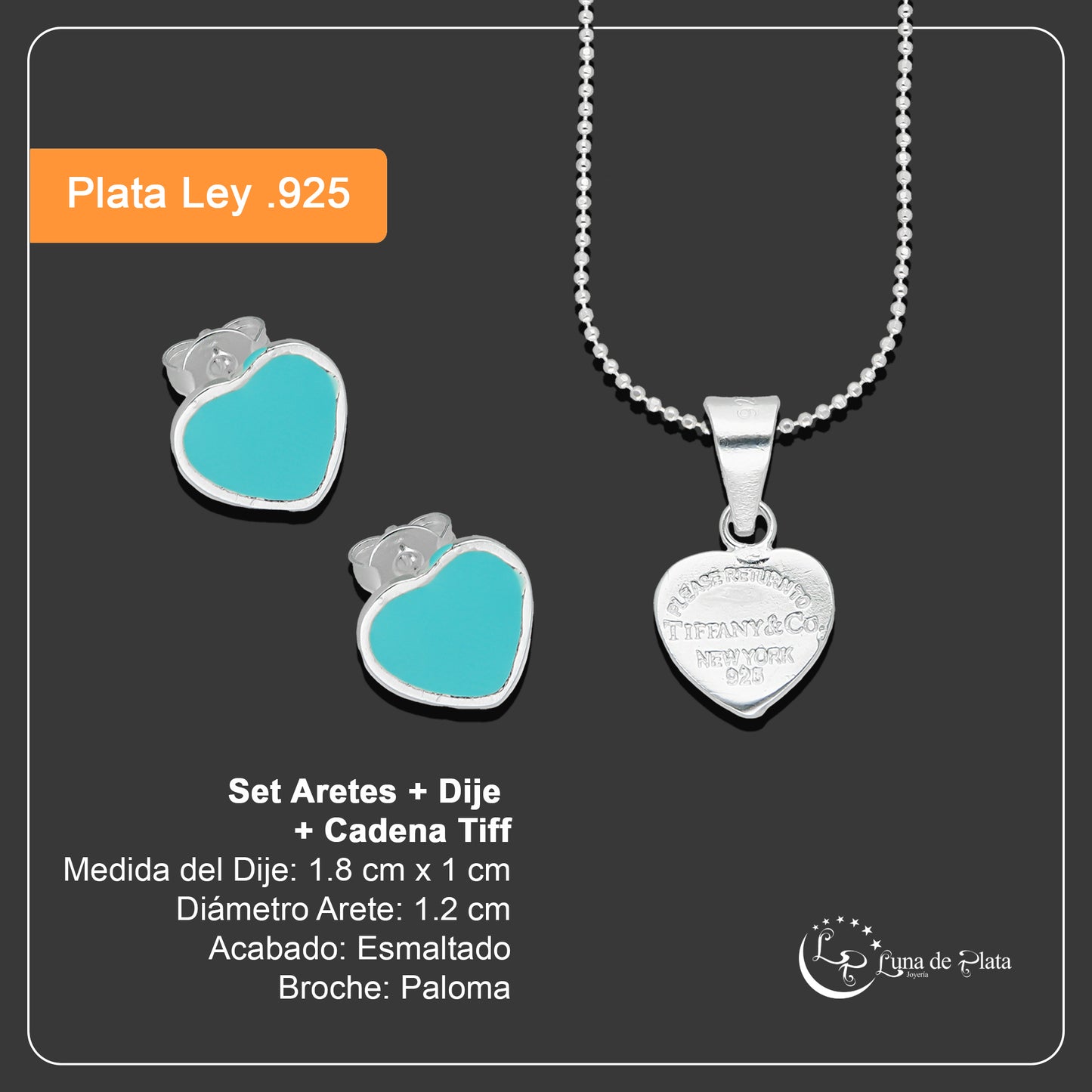 LPADJ069 Set Aretes + Dije + Cadena Tiff Diámetro 1.8 cm en Plata Ley .925