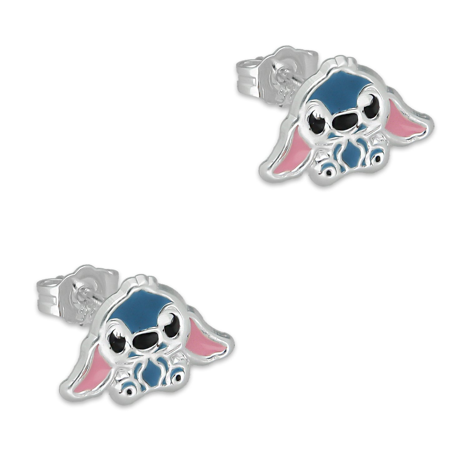 LPADJ074 Set de Aretes y Dije Stitch Azul Diámetro 1.6 cm en Plata Ley .925