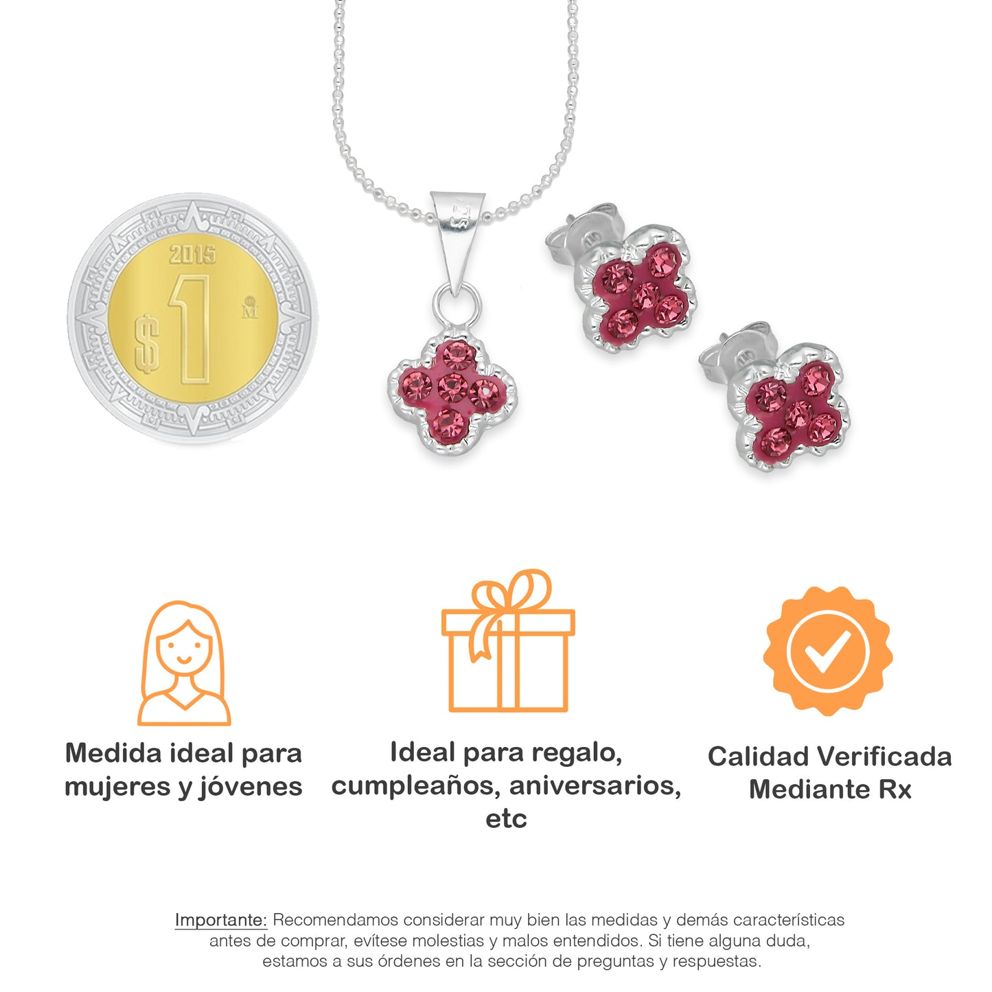 LPADJ075 Set Aretes + Dije + Cadena Trébol Rosa Cristalitos Diámetro 2.1 cm en Plata Ley .925