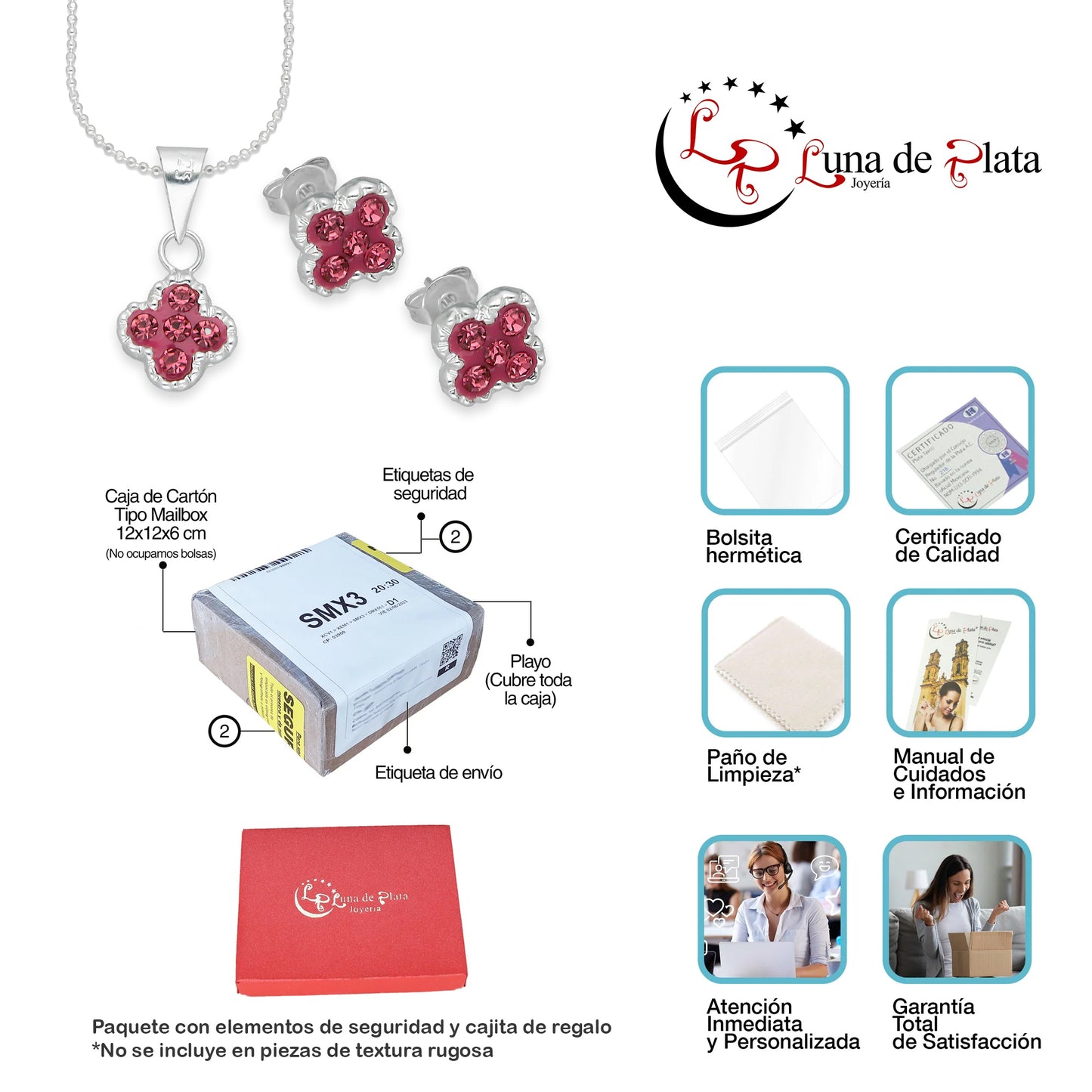 LPADJ075 Set Aretes + Dije + Cadena Trébol Rosa Cristalitos Diámetro 2.1 cm en Plata Ley .925