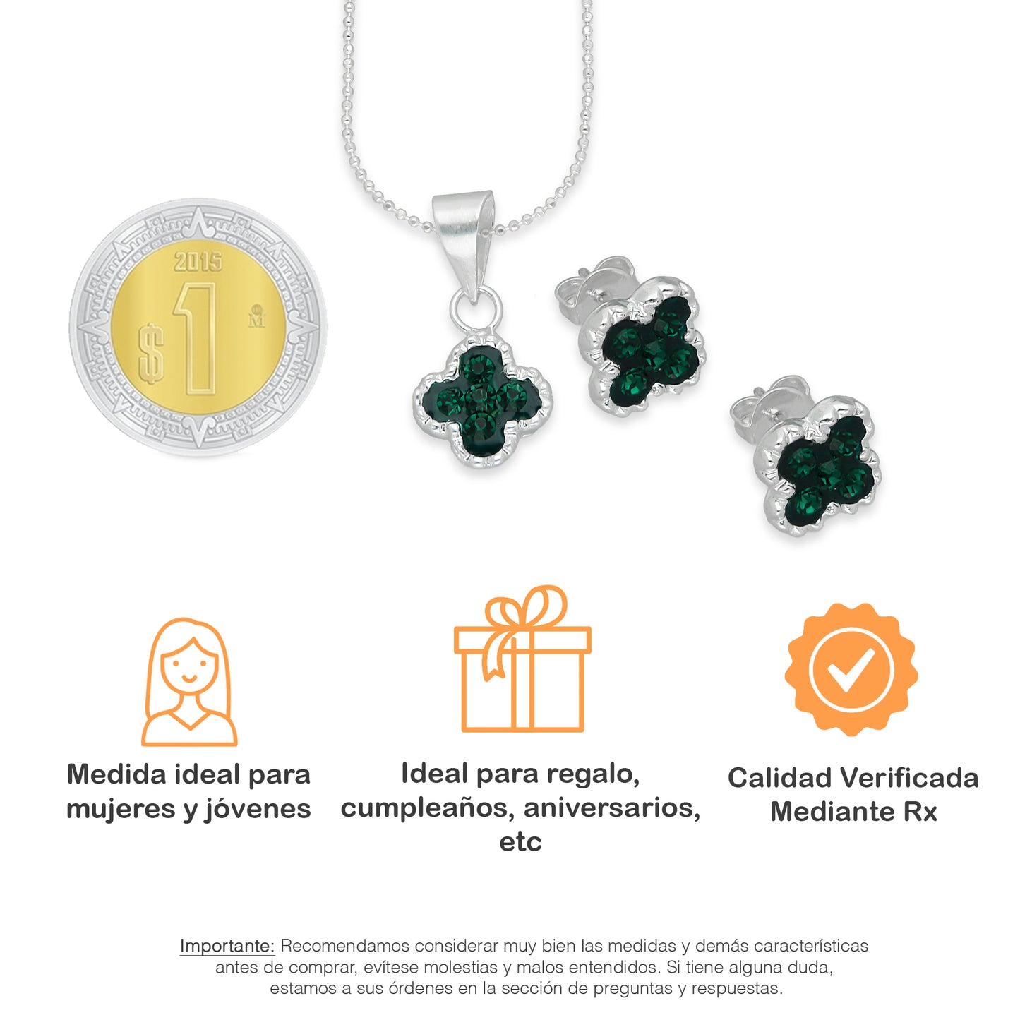 LPADJ077 Set Aretes + Dije + Cadena Trébol Verde Cristalitos Diámetro 2.1 cm en Plata Ley .925
