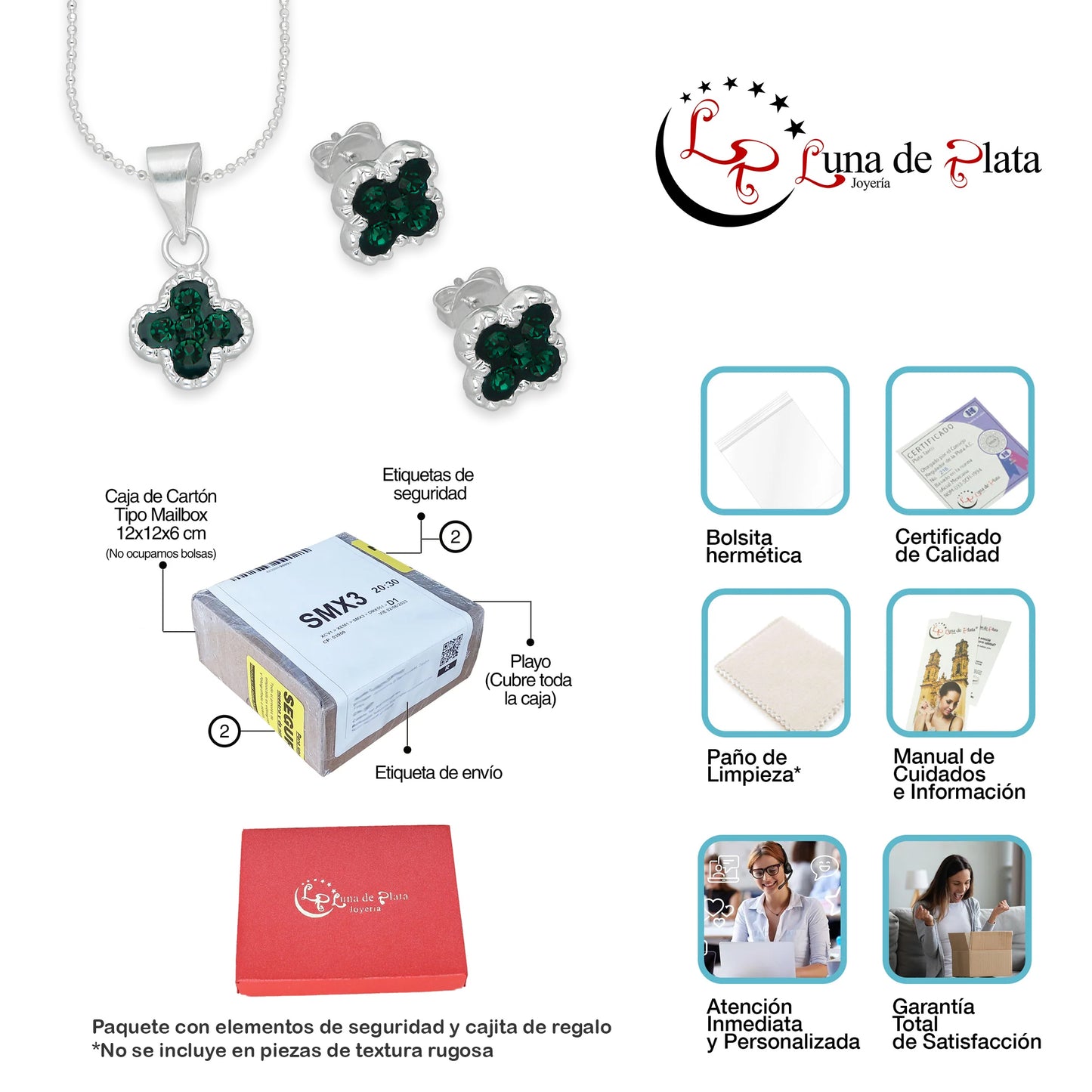 LPADJ077 Set Aretes + Dije + Cadena Trébol Verde Cristalitos Diámetro 2.1 cm en Plata Ley .925
