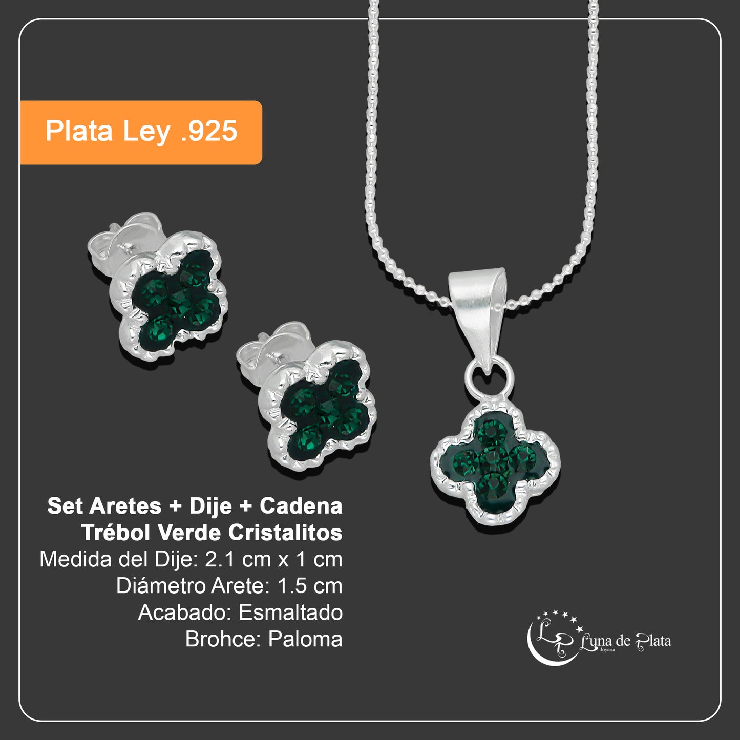 LPADJ077 Set Aretes + Dije + Cadena Trébol Verde Cristalitos Diámetro 2.1 cm en Plata Ley .925