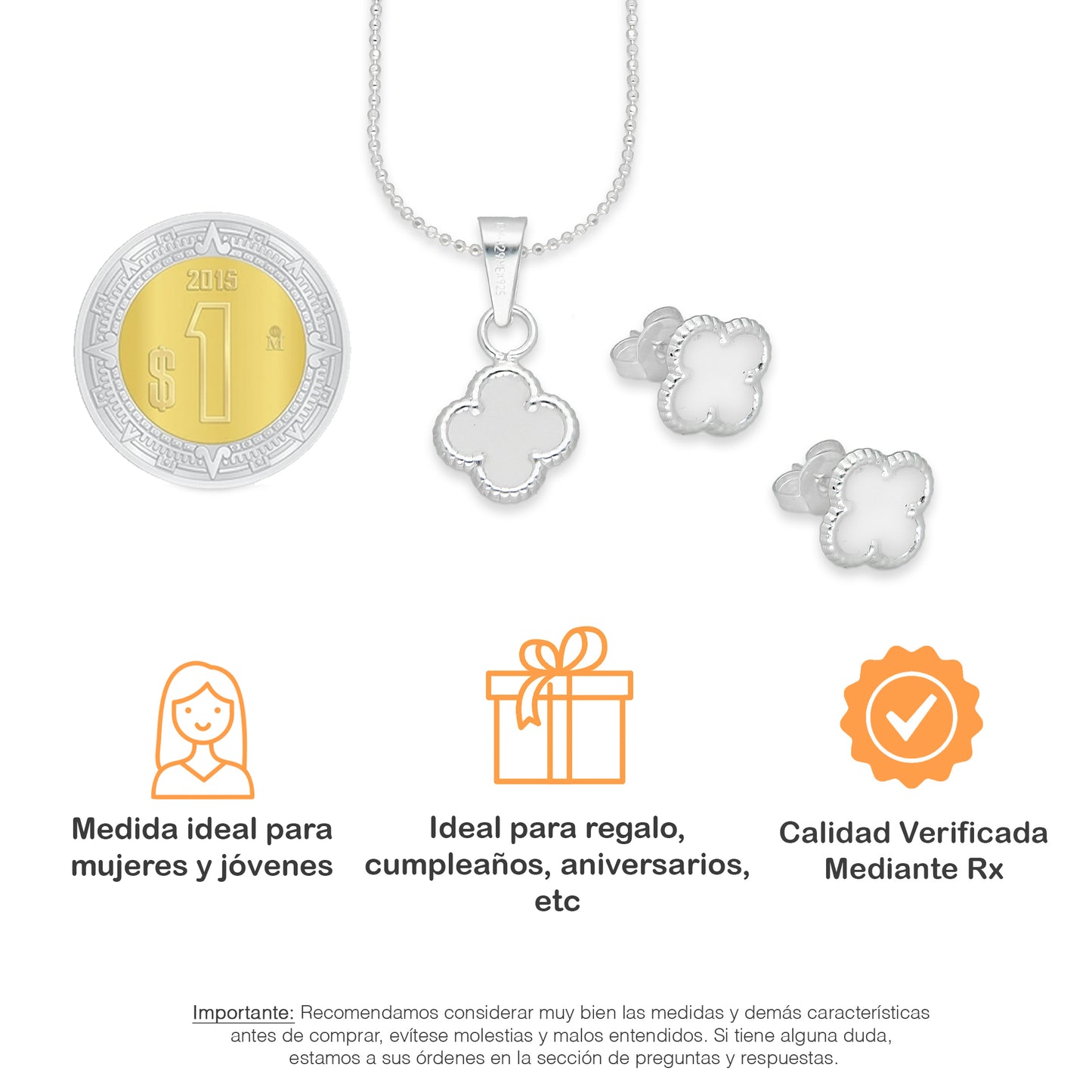 LPADJ079 Set Aretes + Dije + Cadena Trébol Blanco Nal Diámetro 1.9 cm en Plata Ley .925