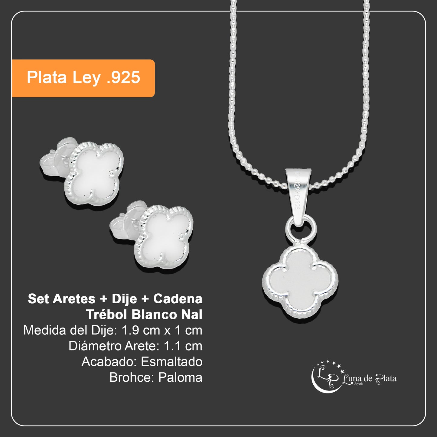 LPADJ079 Set Aretes + Dije + Cadena Trébol Blanco Nal Diámetro 1.9 cm en Plata Ley .925