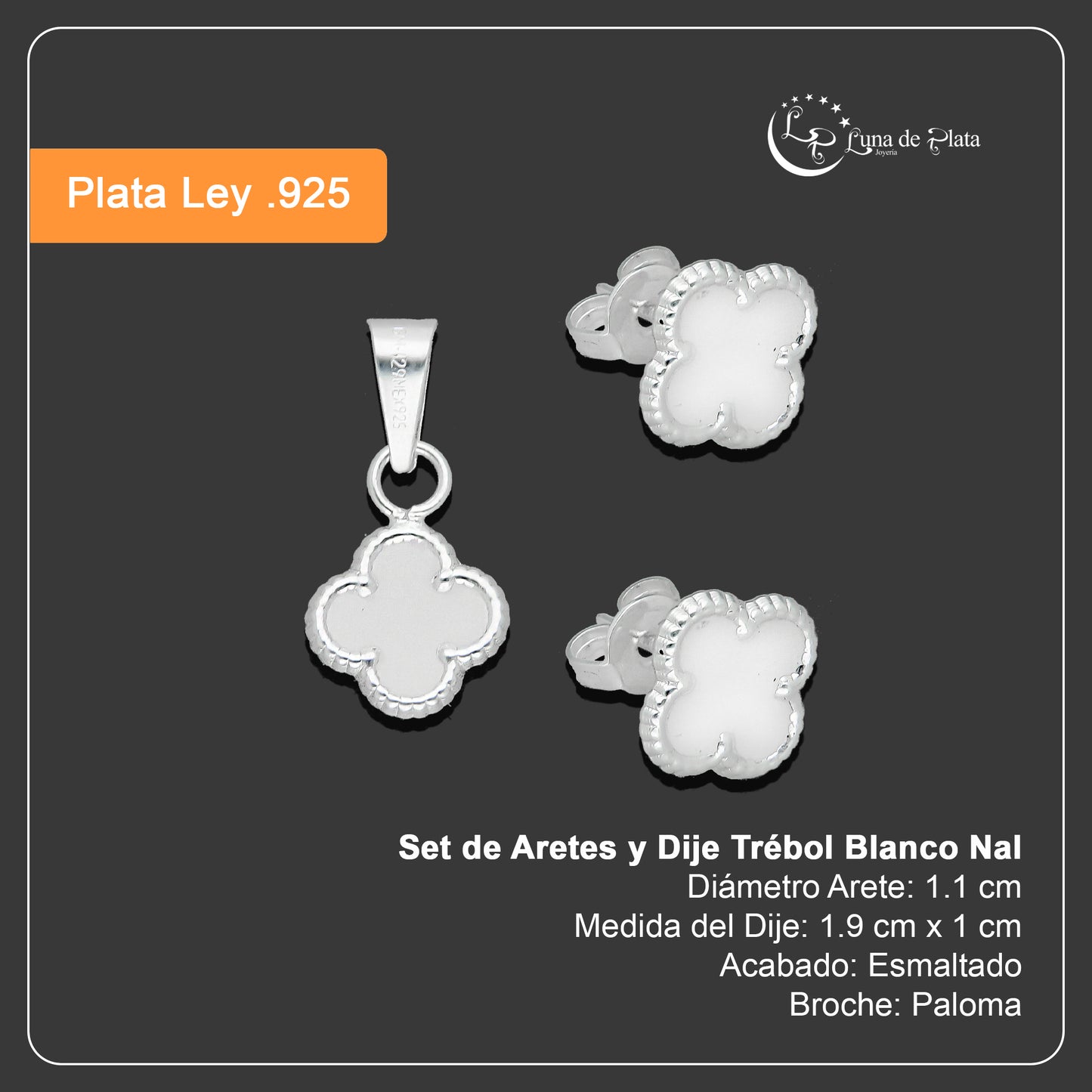 LPADJ080 Set de Aretes y Dije Trébol Blanco Nal Diámetro 1.9 cm en Plata Ley .925