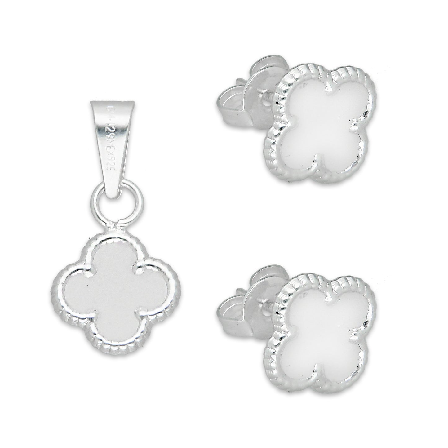LPADJ080 Set de Aretes y Dije Trébol Blanco Nal Diámetro 1.9 cm en Plata Ley .925