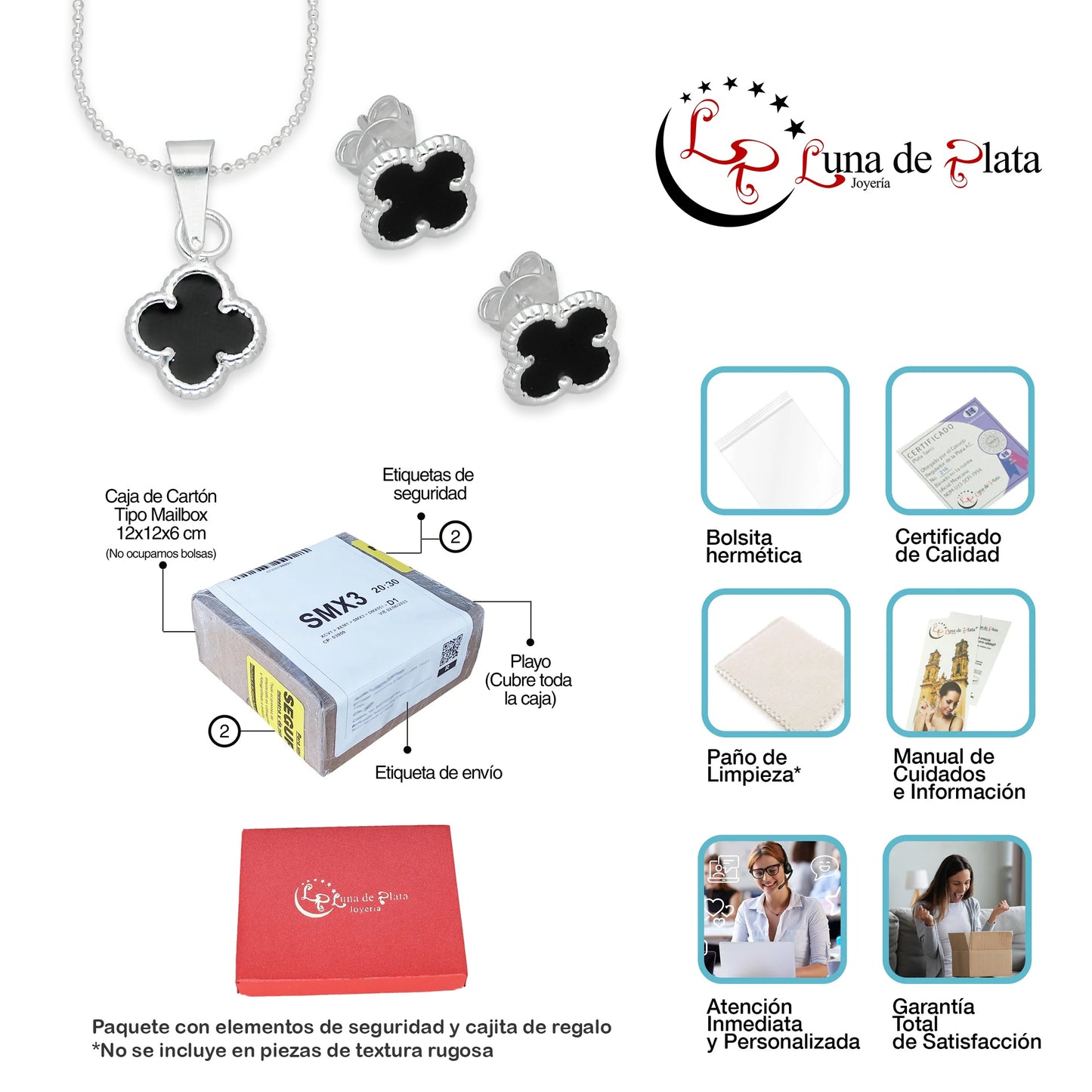 LPADJ081 Set Aretes + Dije + Cadena Trébol Negro Nal Diámetro 1.9 cm en Plata Ley .925