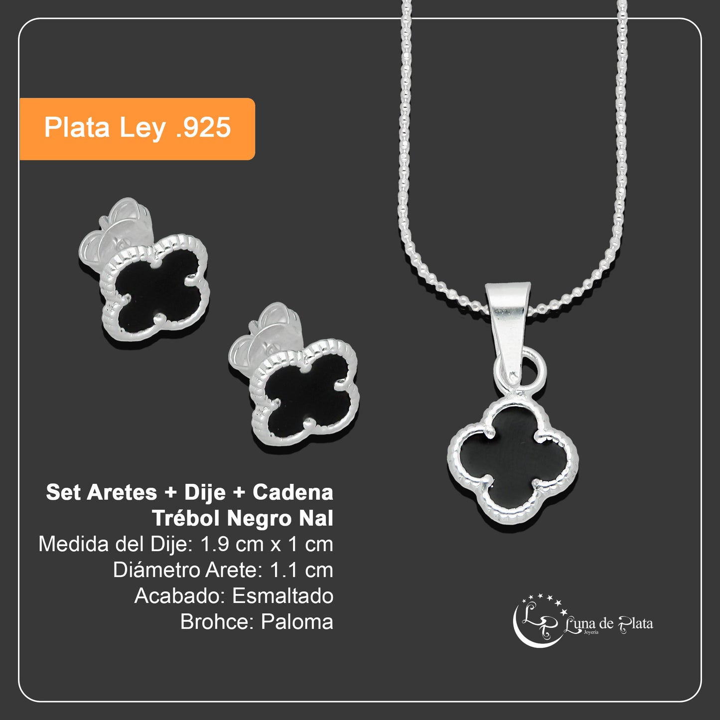 LPADJ081 Set Aretes + Dije + Cadena Trébol Negro Nal Diámetro 1.9 cm en Plata Ley .925