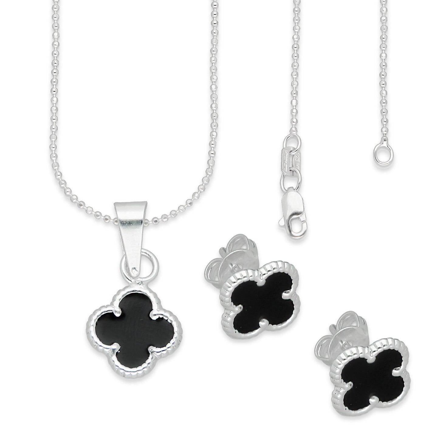 LPADJ081 Set Aretes + Dije + Cadena Trébol Negro Nal Diámetro 1.9 cm en Plata Ley .925
