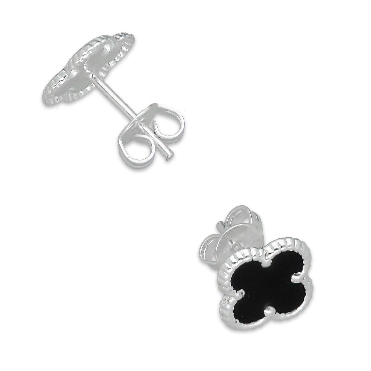 LPADJ082 Set de Aretes y Dije Trébol Negro Nal Diámetro 1.9 cm en Plata Ley .925