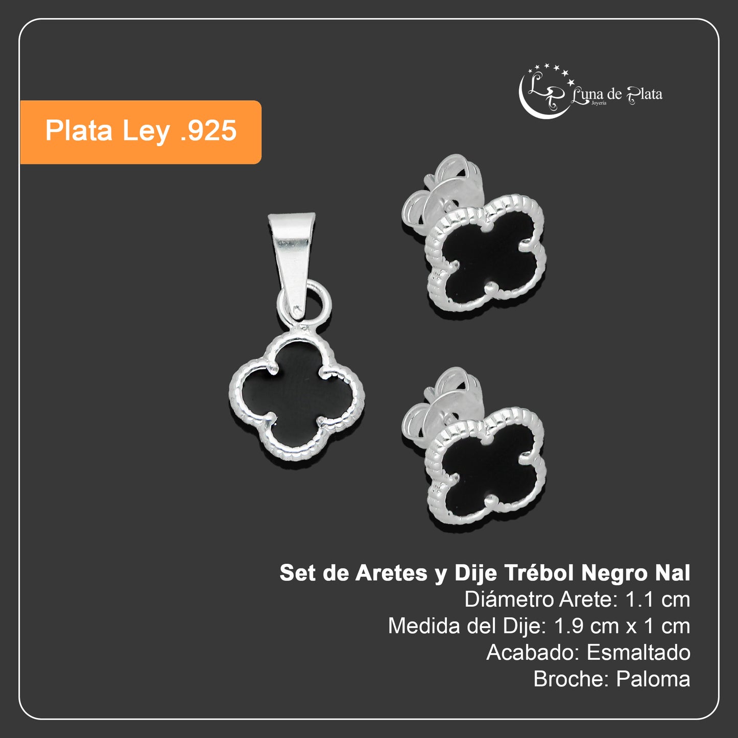 LPADJ082 Set de Aretes y Dije Trébol Negro Nal Diámetro 1.9 cm en Plata Ley .925
