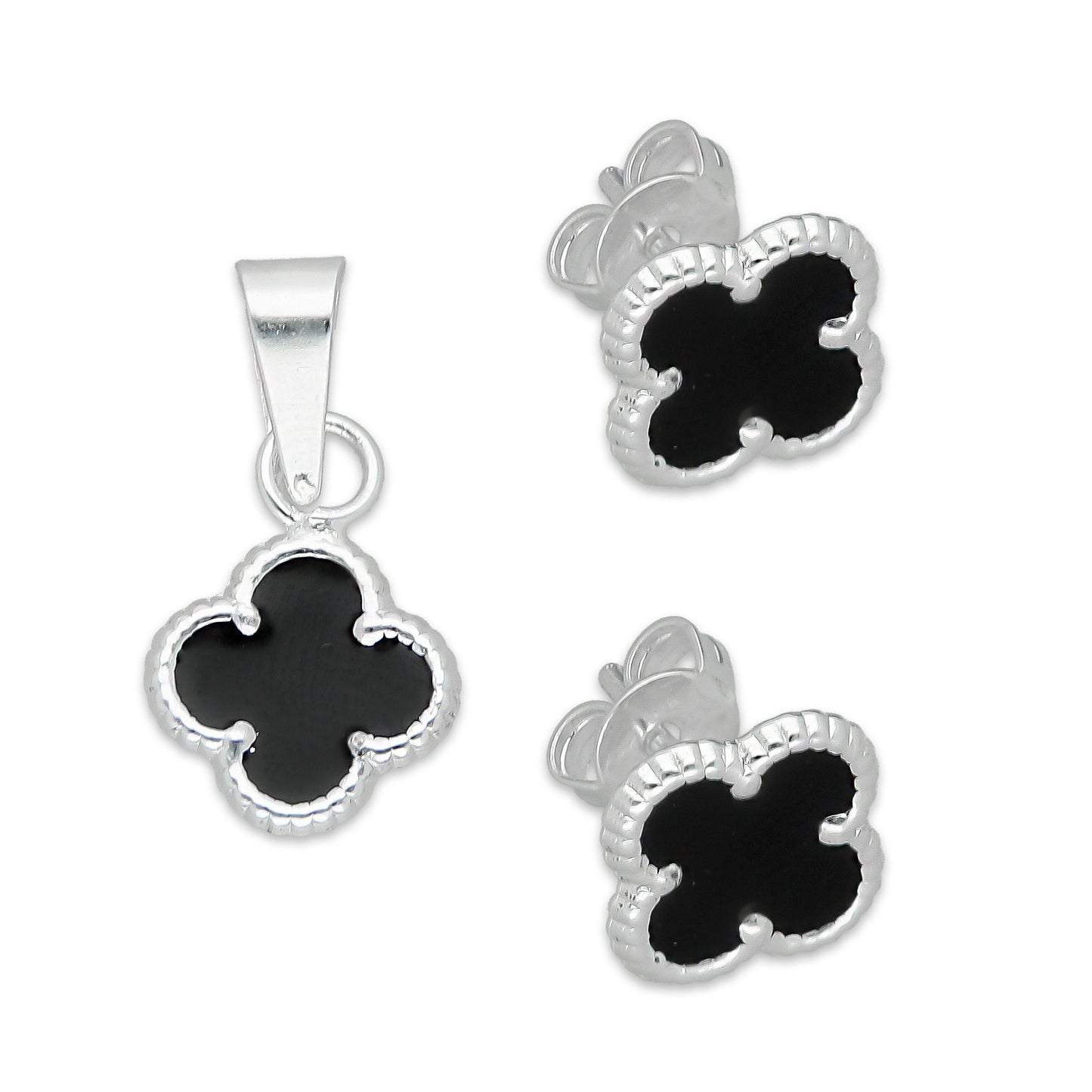 LPADJ082 Set de Aretes y Dije Trébol Negro Nal Diámetro 1.9 cm en Plata Ley .925