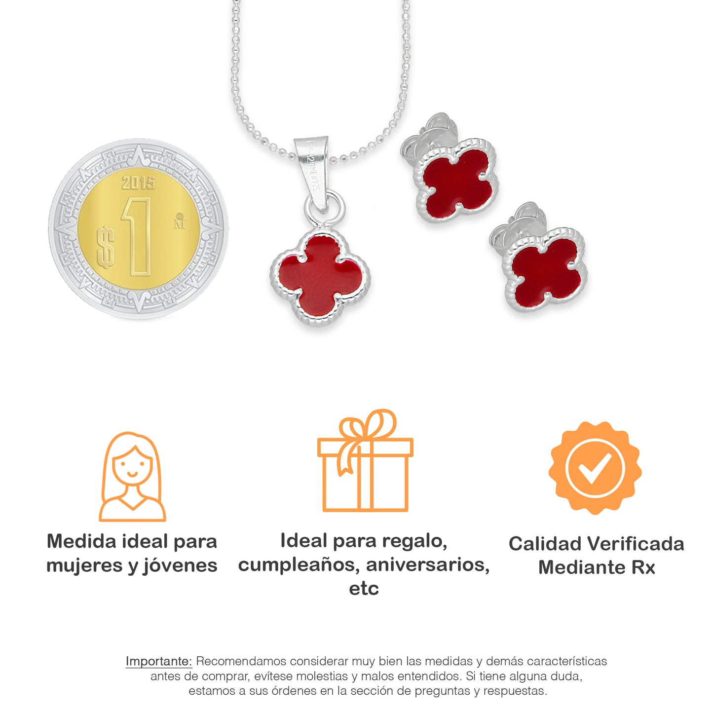 LPADJ083 Set Aretes + Dije + Cadena Trébol Rojo Nal Diámetro 1.9 cm en Plata Ley .925