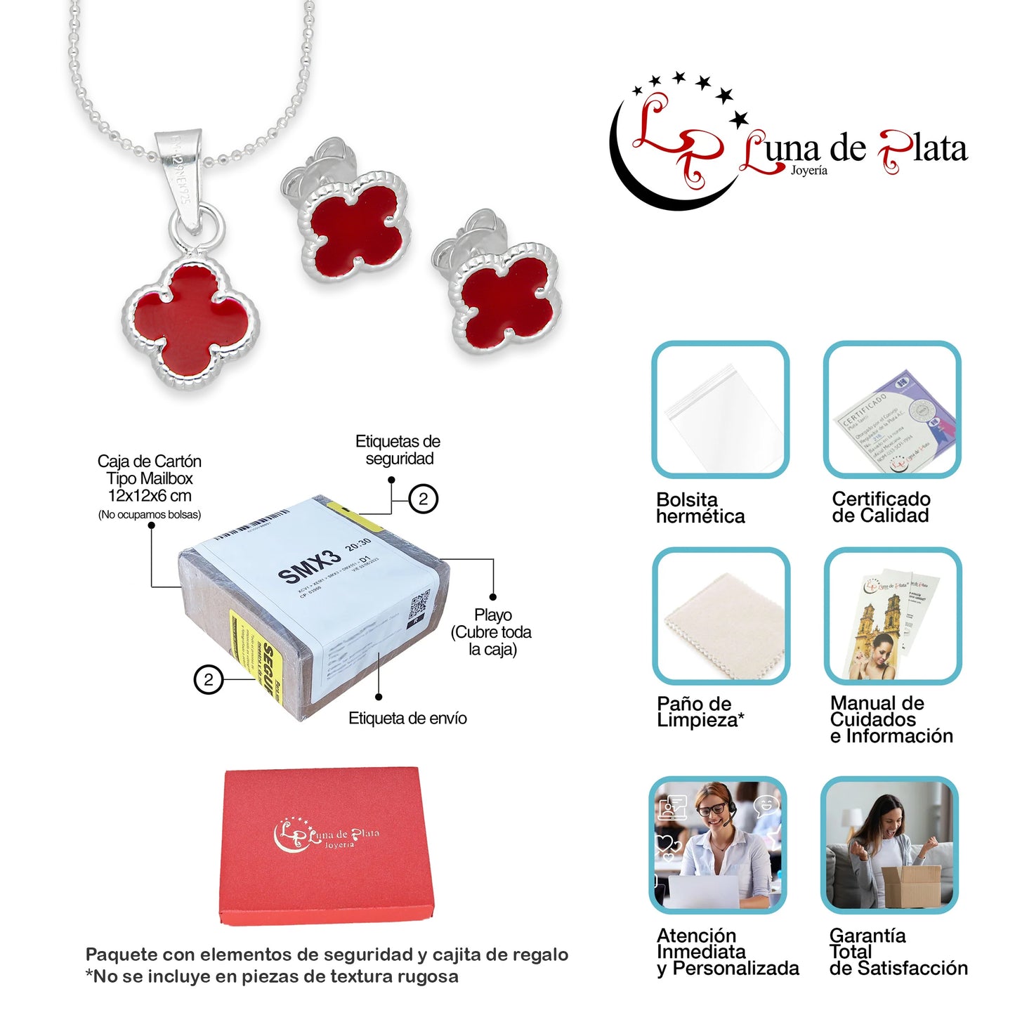 LPADJ083 Set Aretes + Dije + Cadena Trébol Rojo Nal Diámetro 1.9 cm en Plata Ley .925