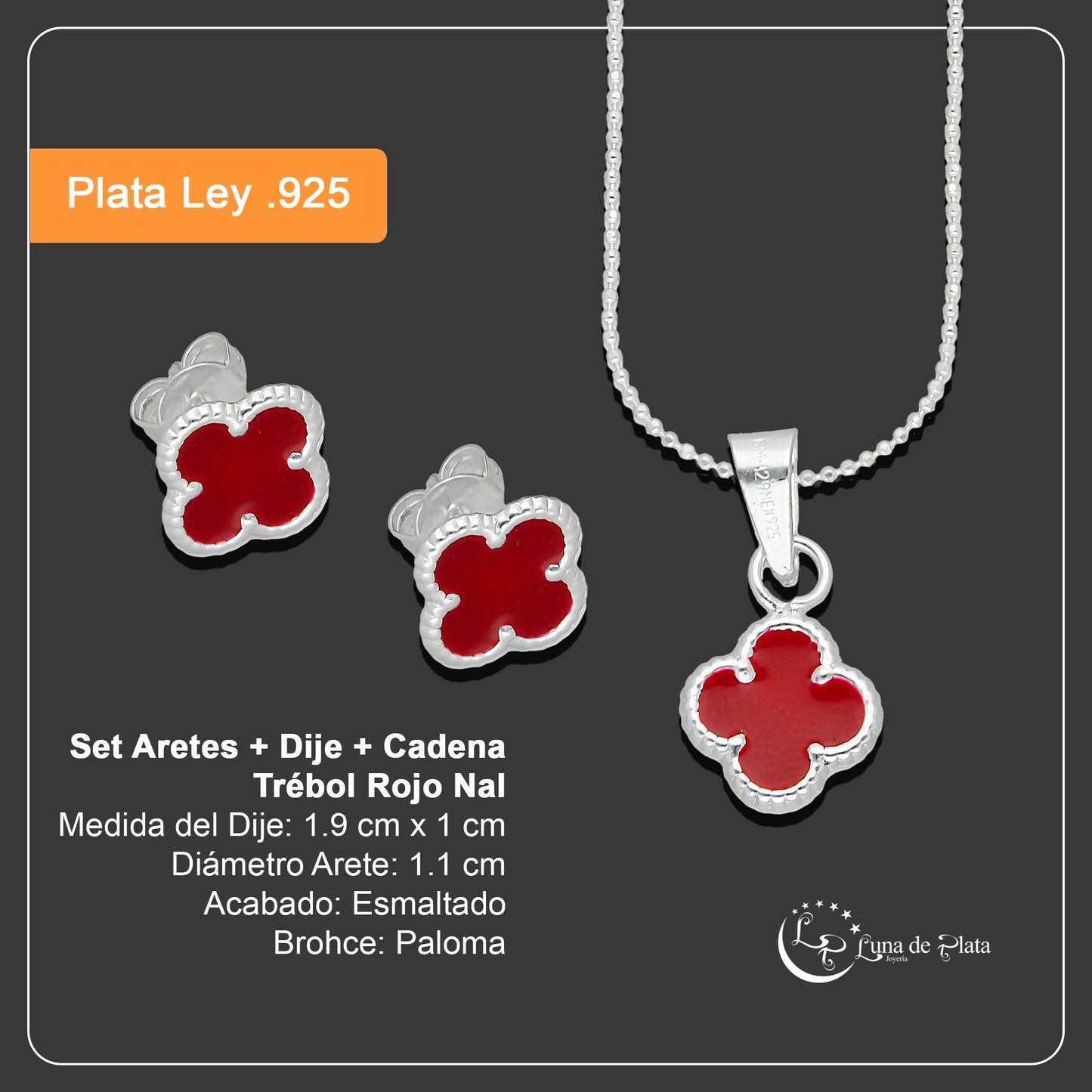 LPADJ083 Set Aretes + Dije + Cadena Trébol Rojo Nal Diámetro 1.9 cm en Plata Ley .925