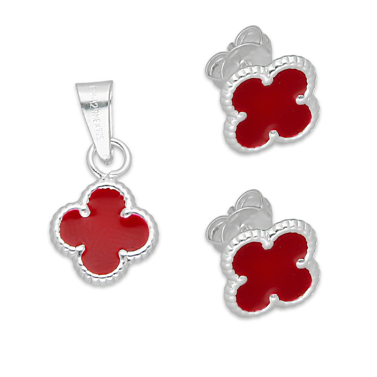 LPADJ084 Set de Aretes y Dije Trébol Rojo Nal Diámetro 1.9 cm en Plata Ley .925
