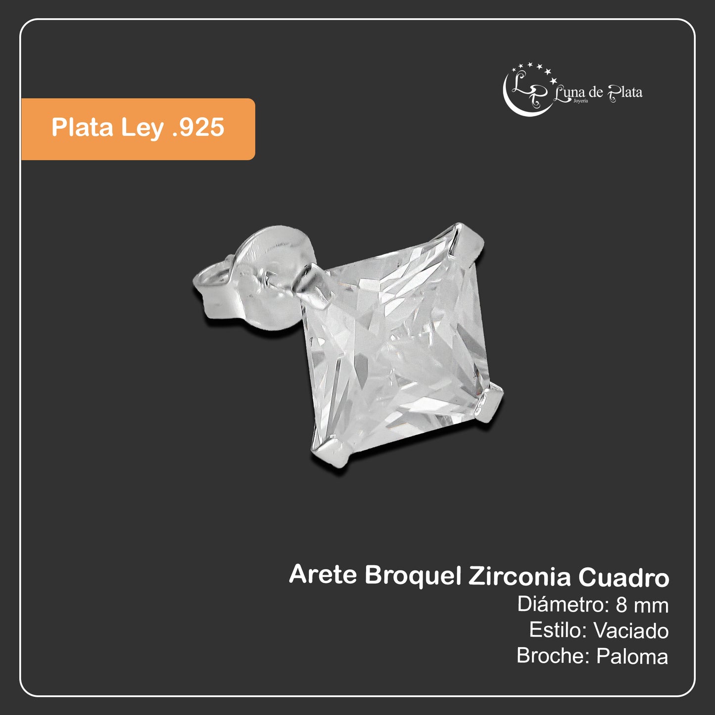 LPAP124 Arete Broquel Zirconia Cuadro 8 mm en Plata .925 Taxco 2169089291