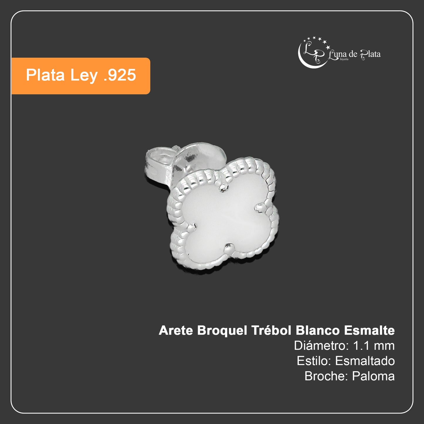 LPAP128 rete Broquel Trébol Blanco Esmalte 11 mm en Plata .925 Taxco